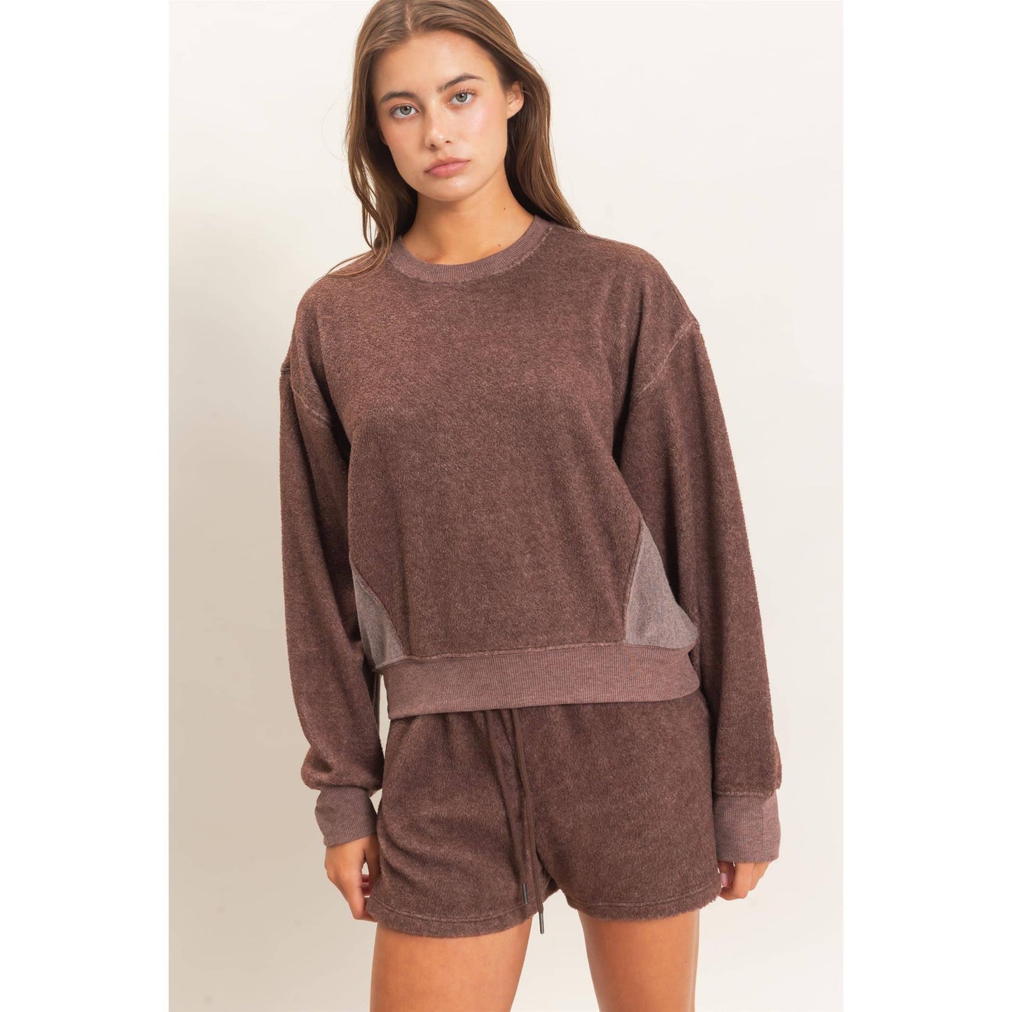 Contrast Sweatshirt & Shorts Set: DARK TEAL / S-M-L(2-2-2)