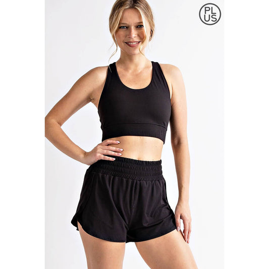 PLUS SIZE BUTTER FABRIC TRACK SHORTS: Black