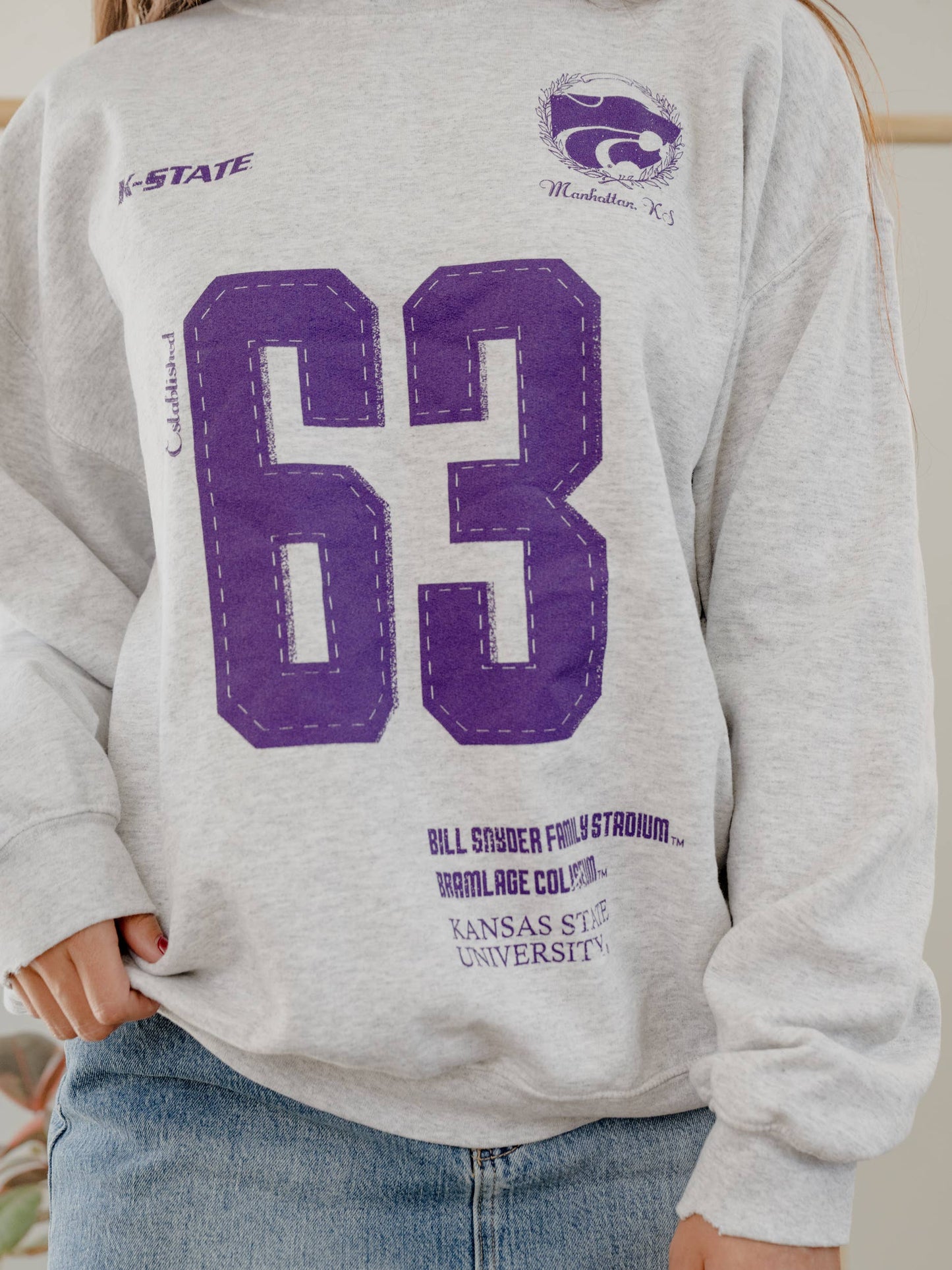 Kansas State Wildcats Crest Stamp Gray Thrifted Sweatshirt: S