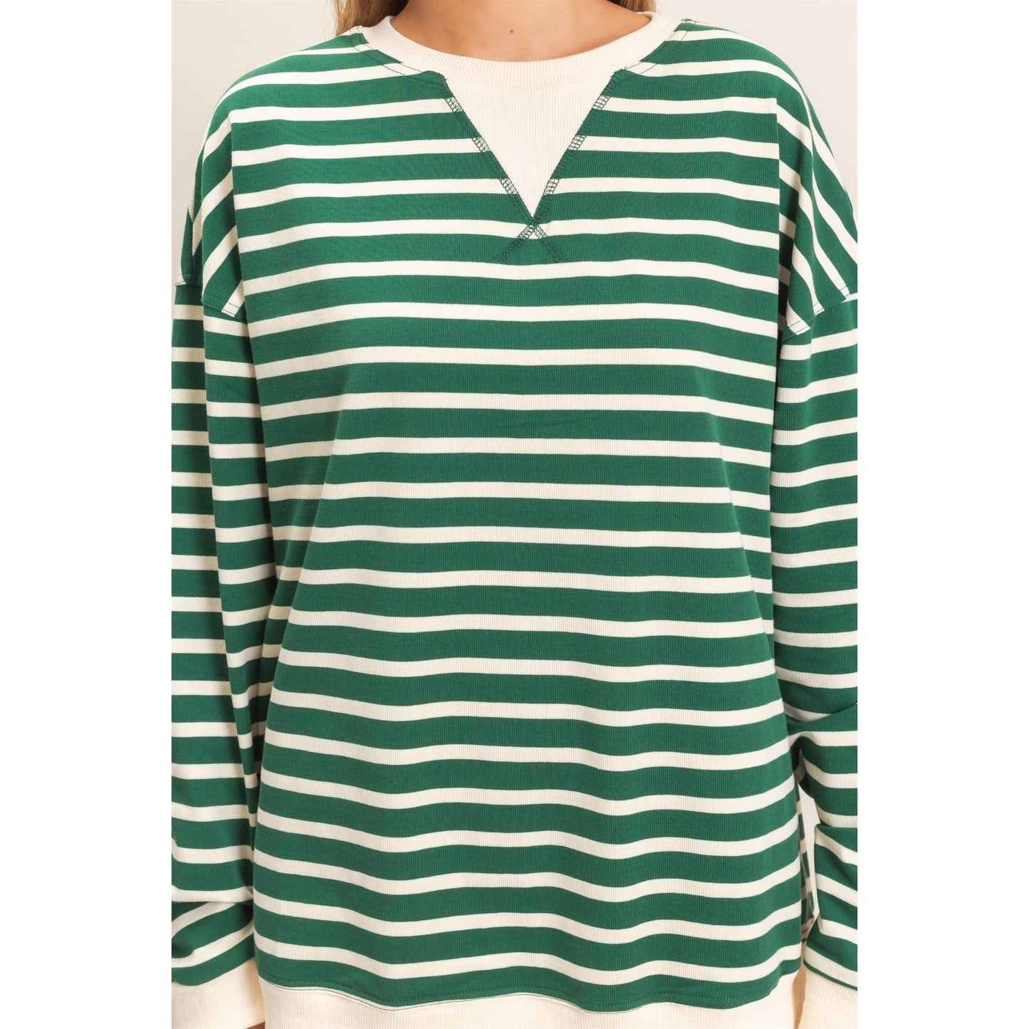Striped Long Sleeve Pullover: GREEN/CREAM / S-M-L(2-2-2)