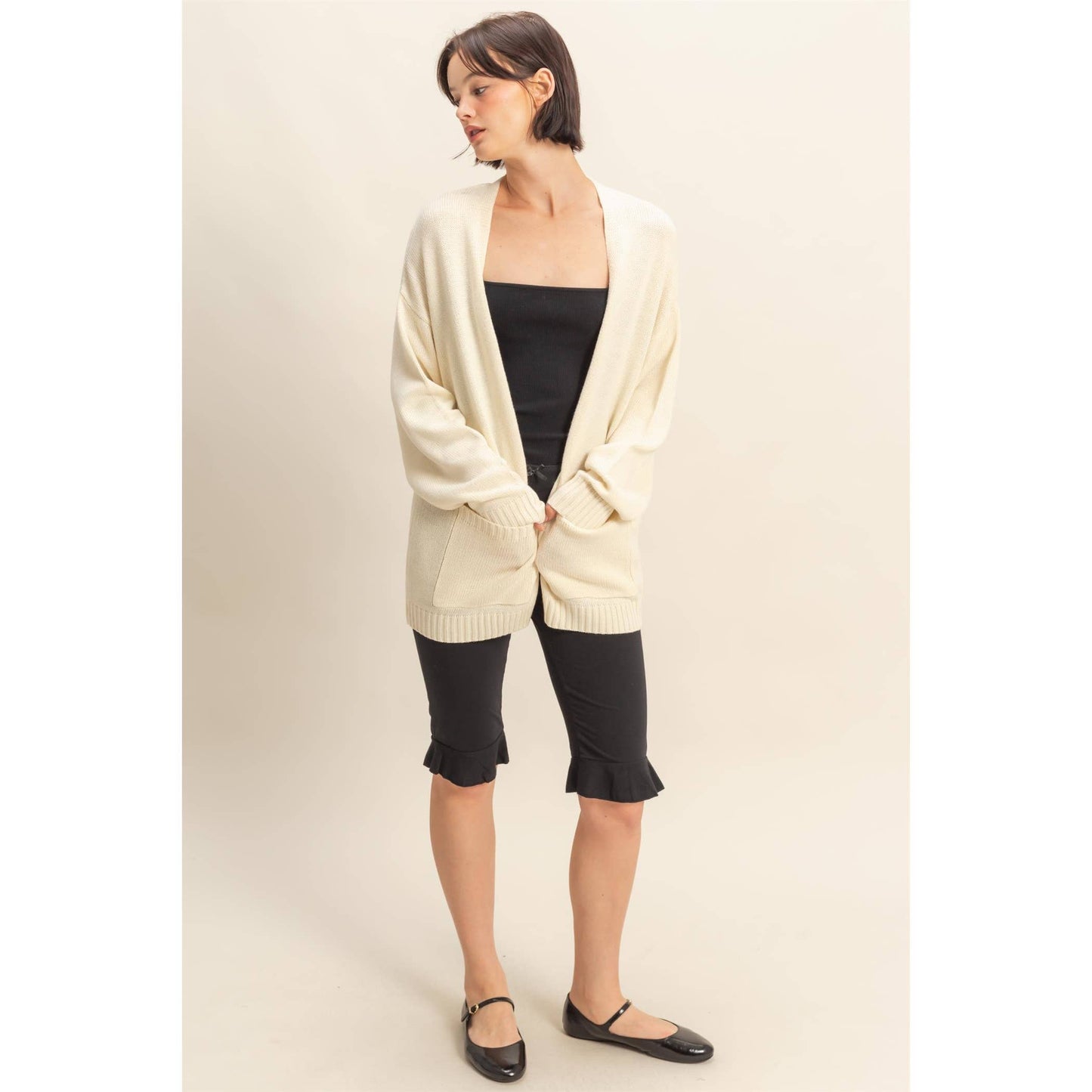 Oversized Open-Front Cardigan Sweater With Pockets: RED / S-M-L(2-2-2)