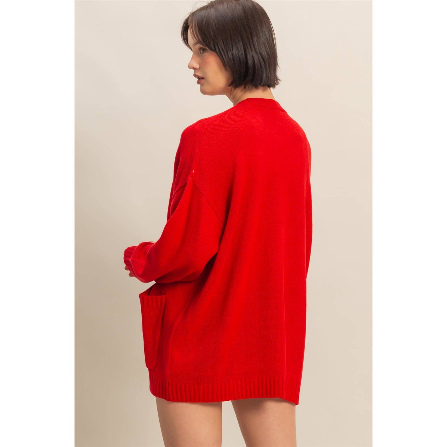 Oversized Open-Front Cardigan Sweater With Pockets: RED / S-M-L(2-2-2)