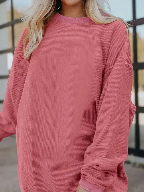 Orange Long Sleeve Ribbed Corded Oversized Sweatshirt: Orange / 100%Polyester / 2XL