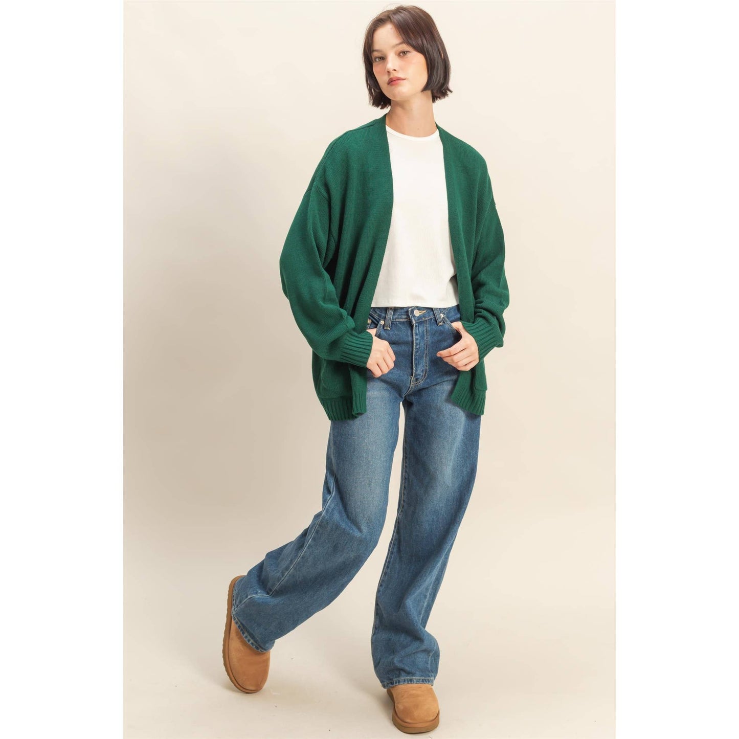 Oversized Open-Front Cardigan Sweater With Pockets: RED / S-M-L(2-2-2)