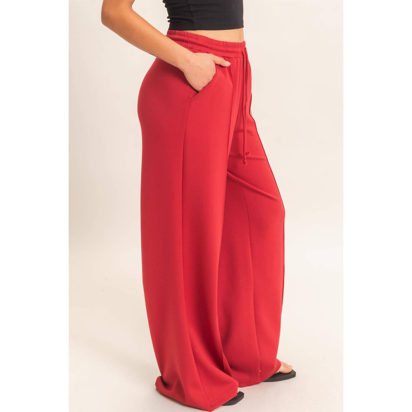 Drawstring Waist Pintuck Wide Leg Pants: DARK RED / S-M-L(2-2-2)
