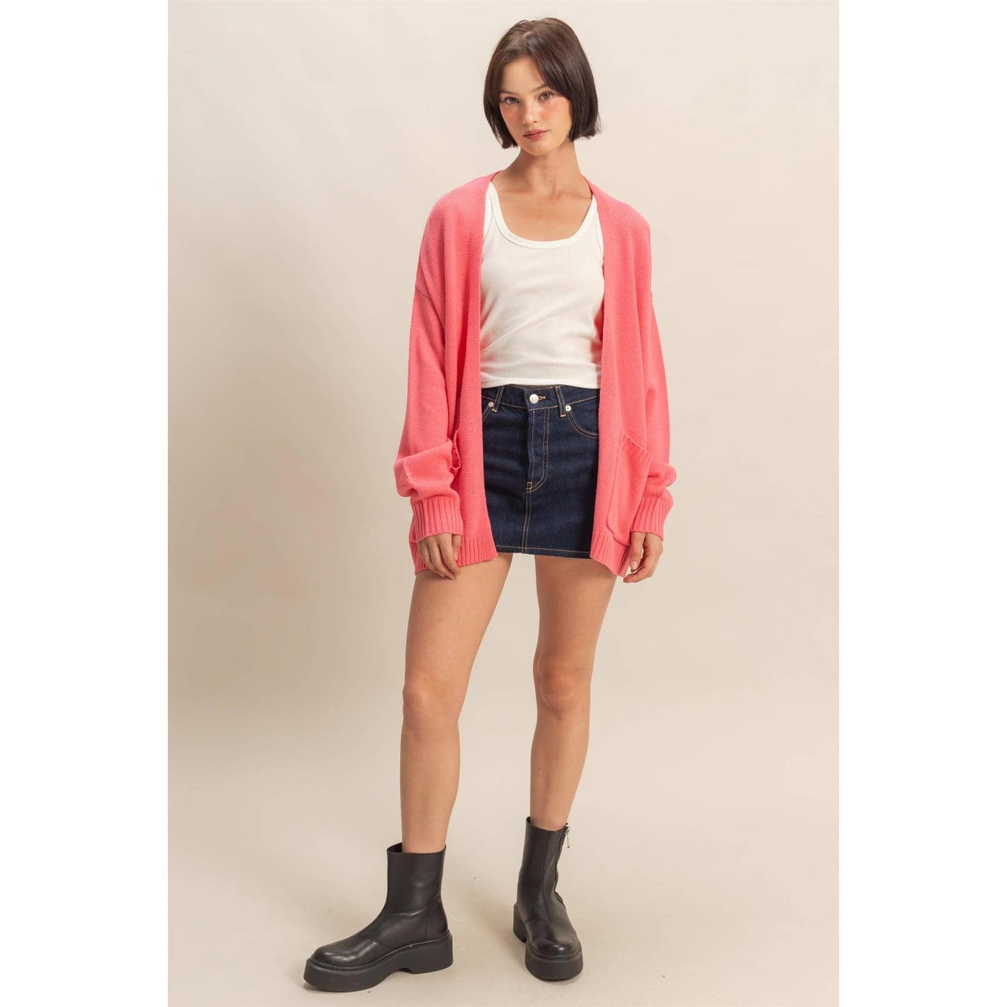 Oversized Open-Front Cardigan Sweater With Pockets: RED / S-M-L(2-2-2)
