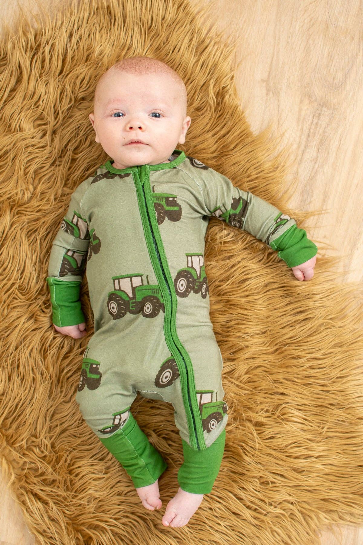 Classic Green Tractor Baby Bamboo Zippy: 0-3 Month