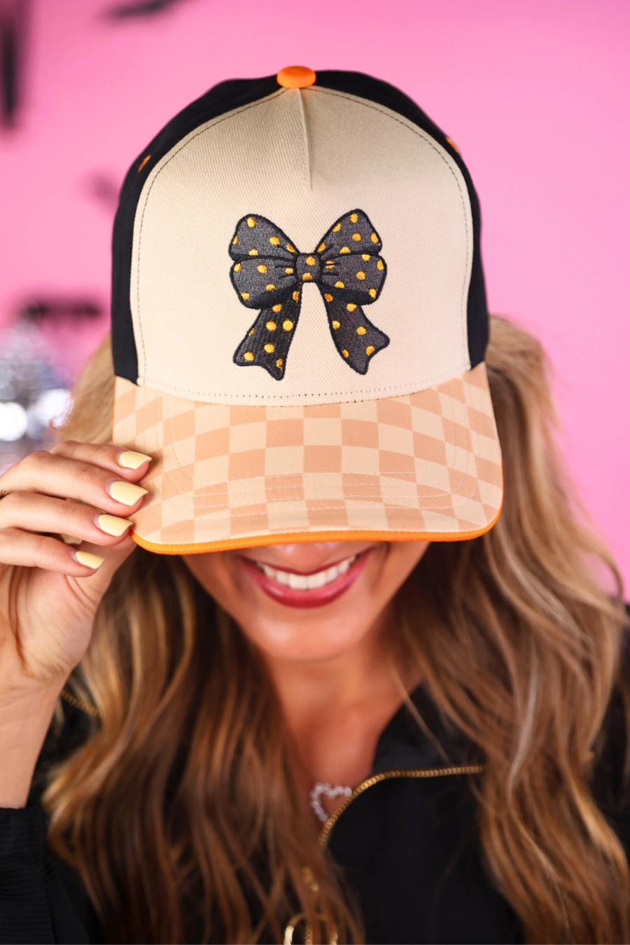 Spooky Sweet Checkered Bow Hat: Orange/Black