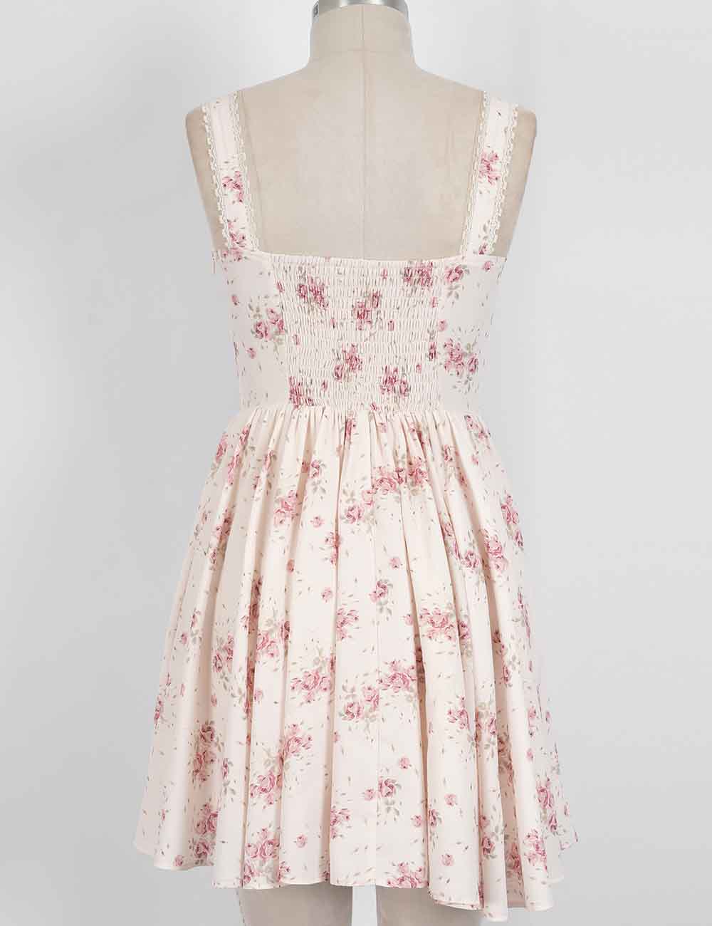 Ladies Boho Floral Square Neck Lace Trim Ruched Mini Dress: Light Yellow / L