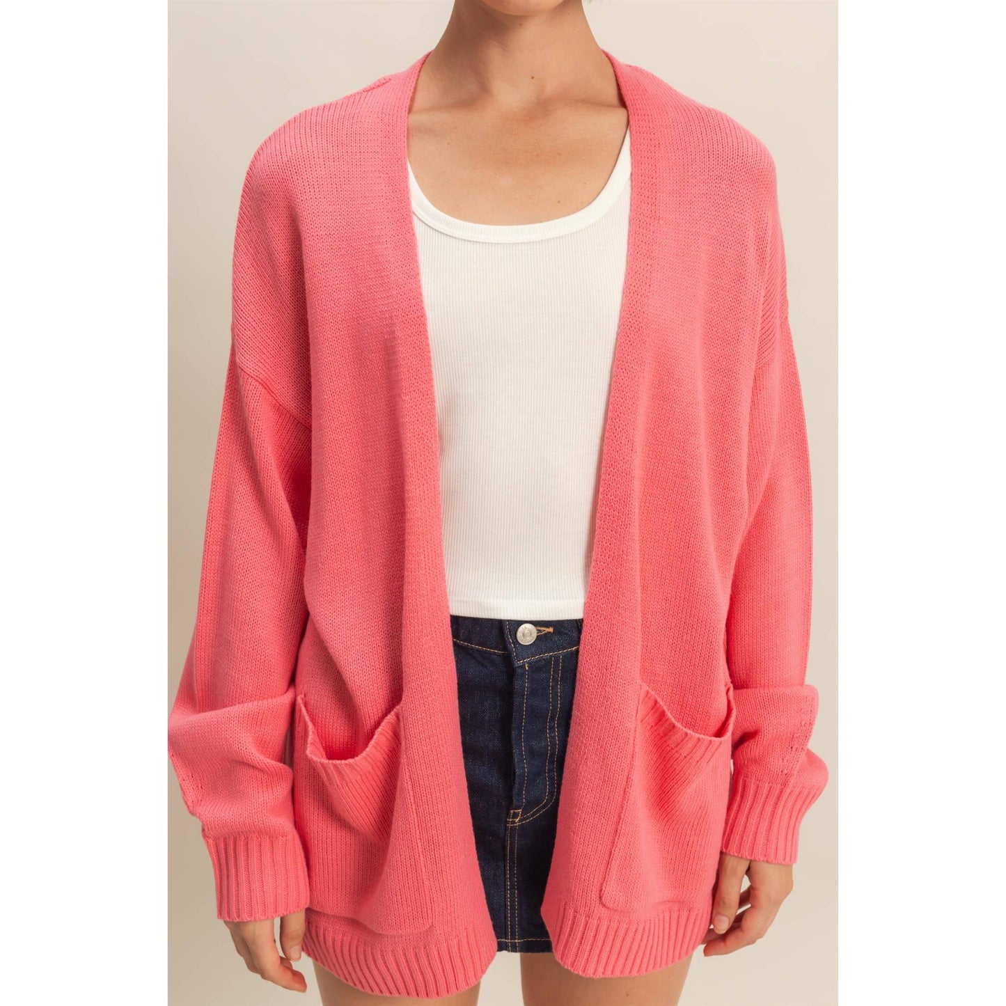 Oversized Open-Front Cardigan Sweater With Pockets: RED / S-M-L(2-2-2)