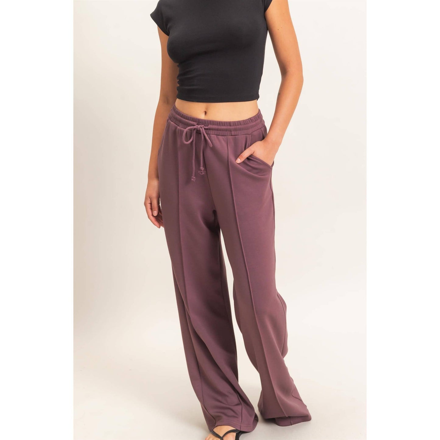 Drawstring Waist Pintuck Wide Leg Pants: DARK RED / S-M-L(2-2-2)