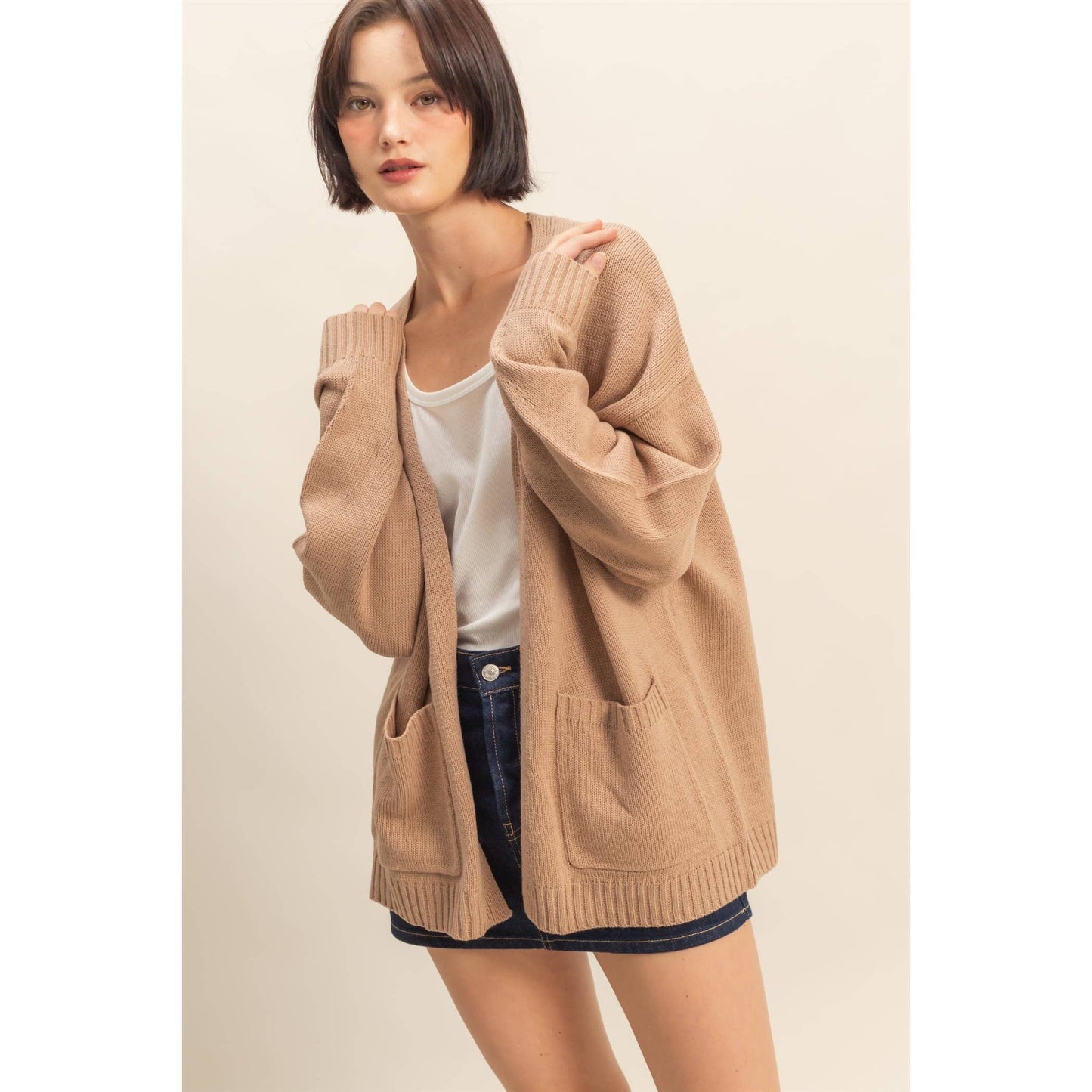 Oversized Open-Front Cardigan Sweater With Pockets: RED / S-M-L(2-2-2)