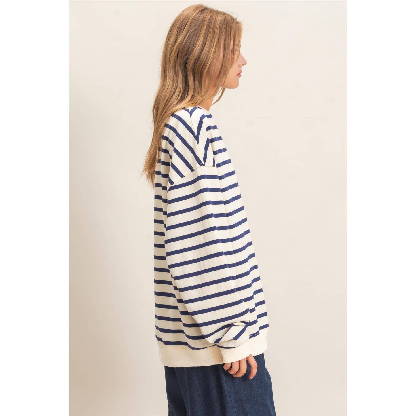 Striped Long Sleeve Pullover: GREEN/CREAM / S-M-L(2-2-2)