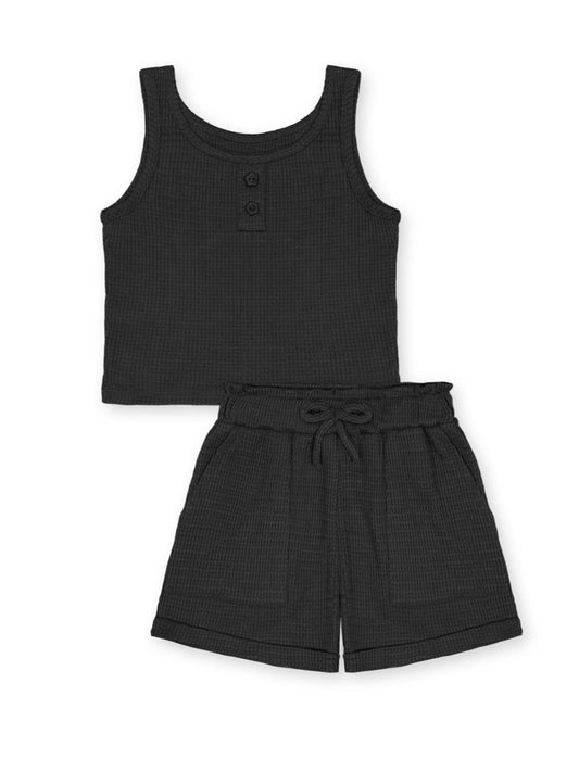 Waffle Knit Short Set: Black