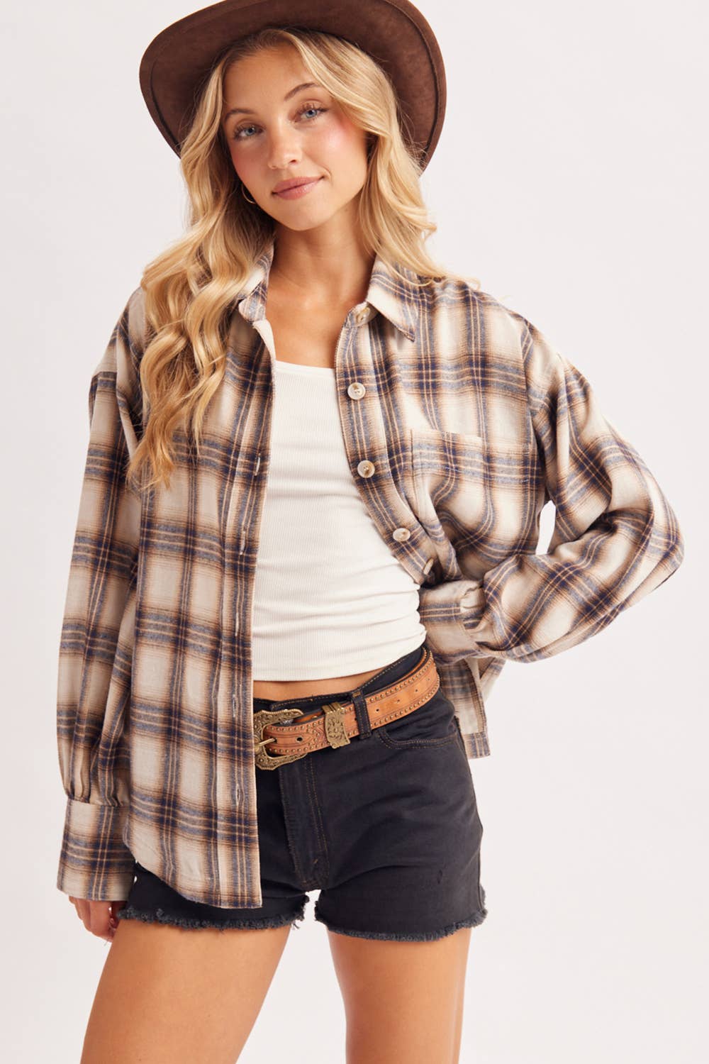 BUTTON DOWN FLANNEL SHIRT: IVORY/BROWN