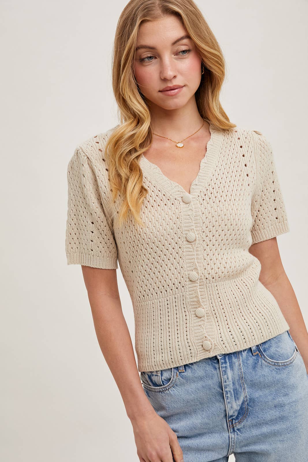 BUTTON DOWN SHORT SLEEVE KNIT CARDIGAN
