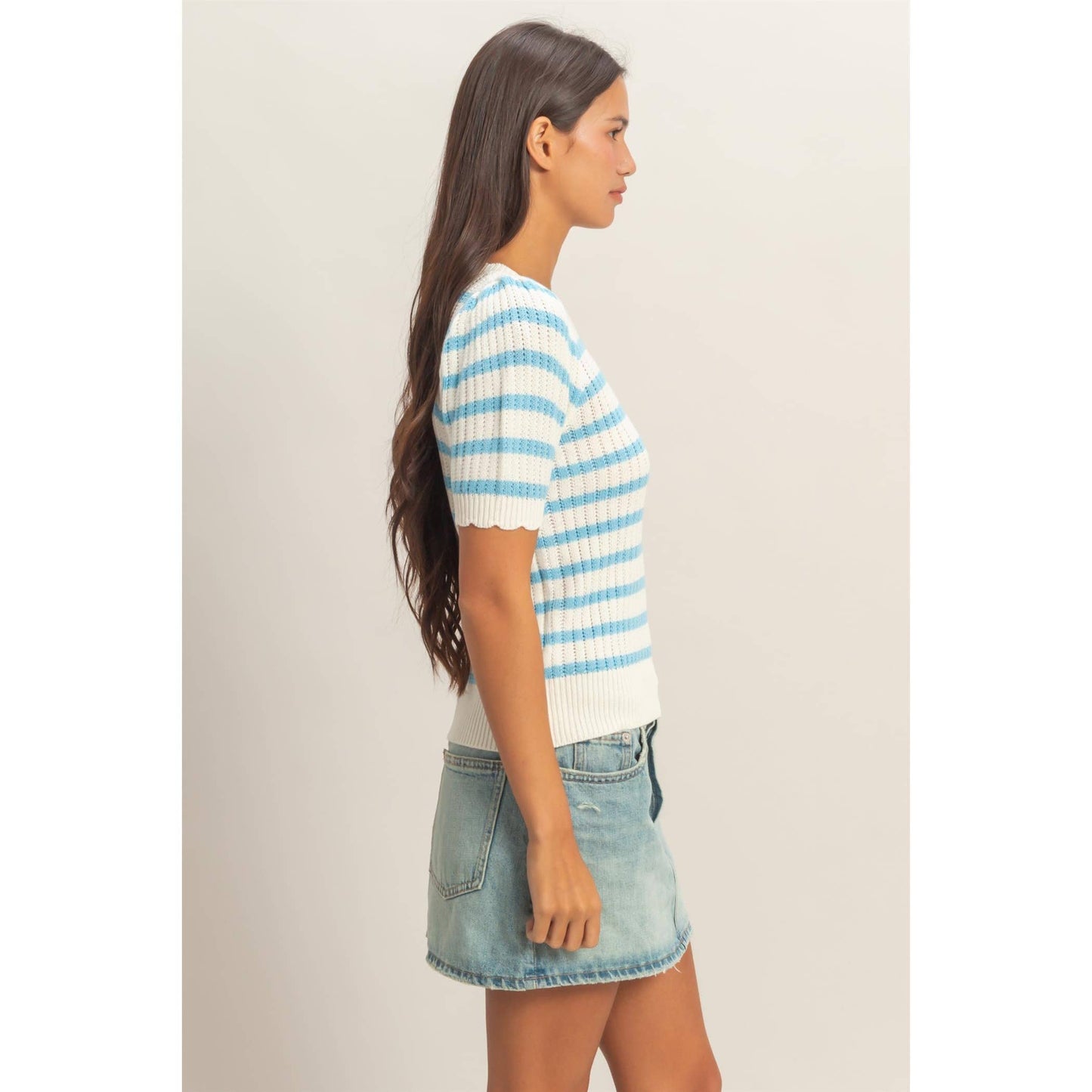 Striped Scallop Edge Puff Sleeve Knit Top: TAUPE / S-M-L(2-2-2)