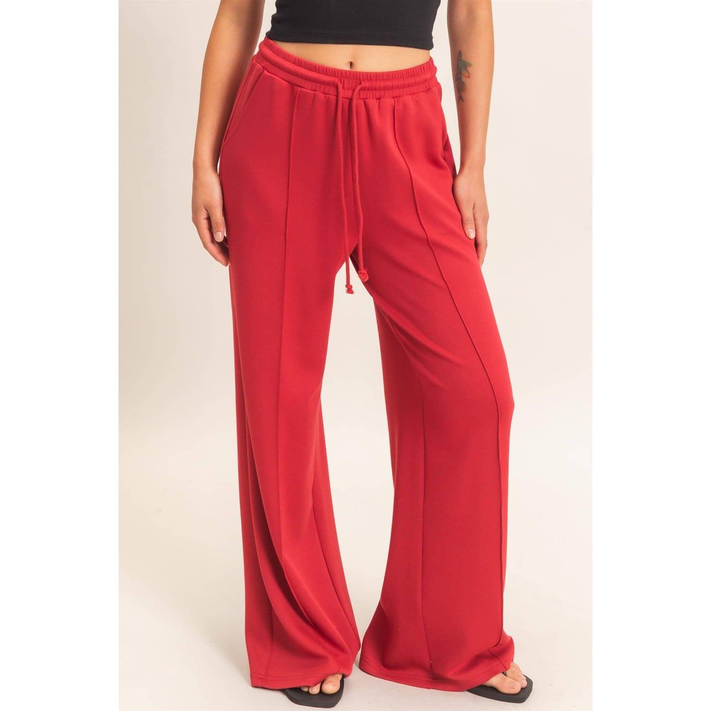 Drawstring Waist Pintuck Wide Leg Pants: DARK RED / S-M-L(2-2-2)
