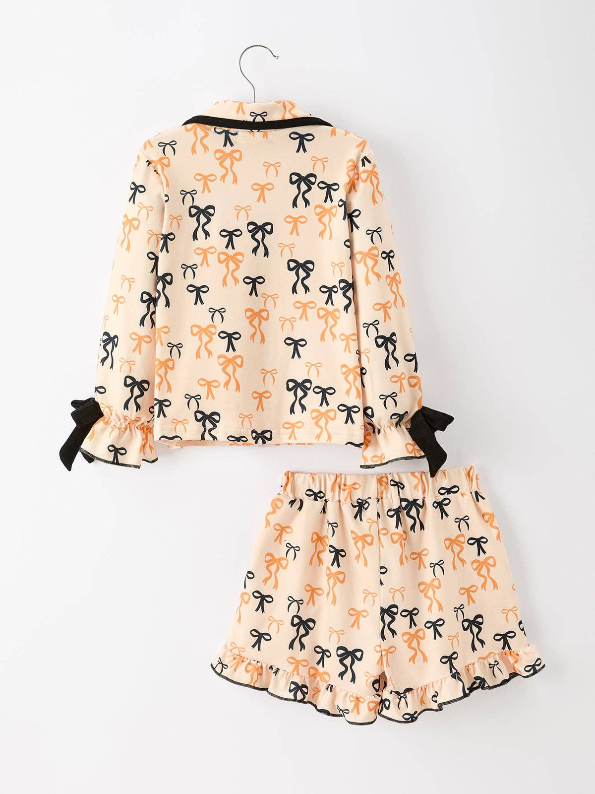 Halloween Bow Print Girls Pajama Set Long Sleeve Top and Shorts: 2