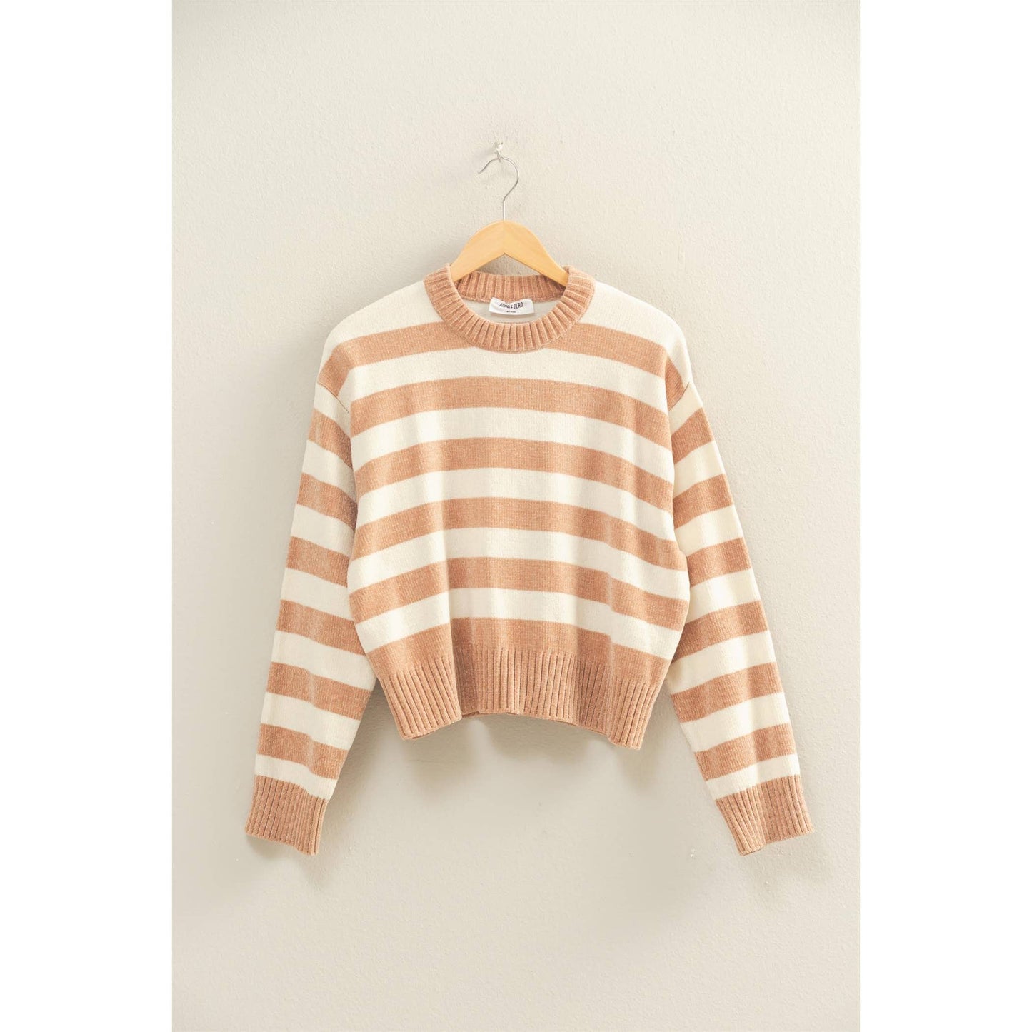 Striped Sweater With Ribbed Edge: DEEP GREEN/WHIP CREAM / S-M-L(2-2-2)
