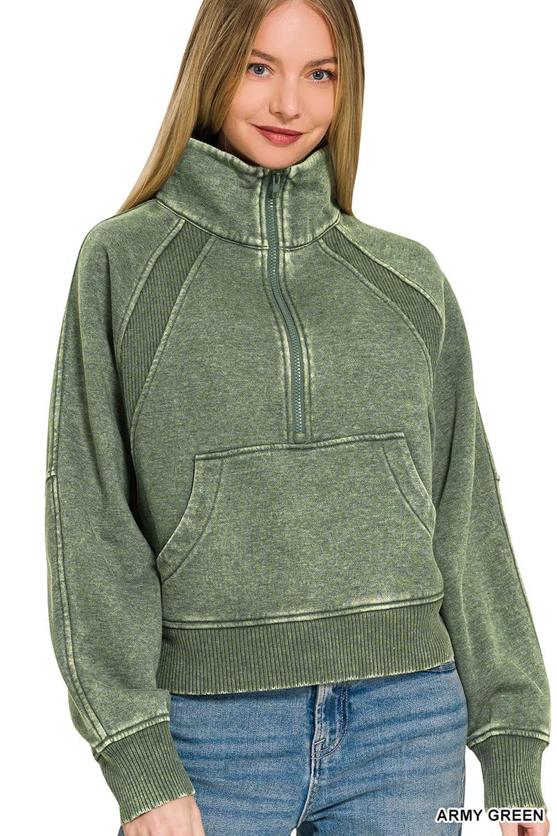Acid Washed Half Zip Fleece Pullover Kangaroo Pocket: MAUVE / 2-2-2 (S-M-L)
