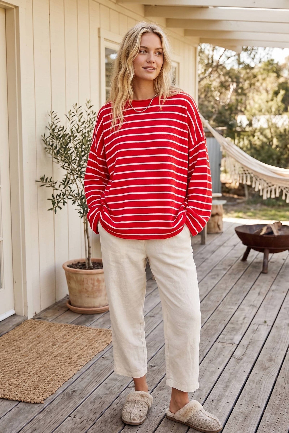 Oversized Lightweight Striped Sweater: HEATHER OATMEAL