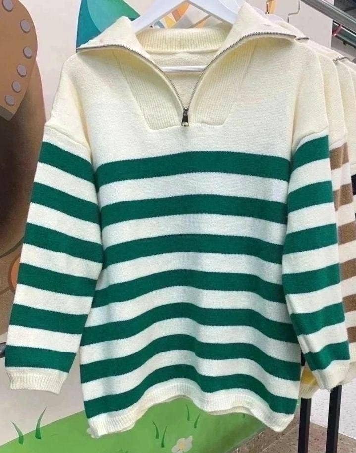Half-zip striped sweater knit turtleneck sweatshirt: Green / S