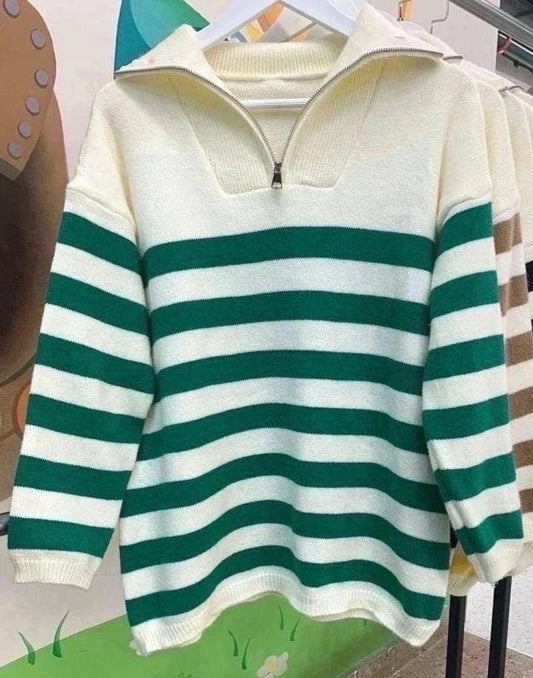 Half-zip striped sweater knit turtleneck sweatshirt