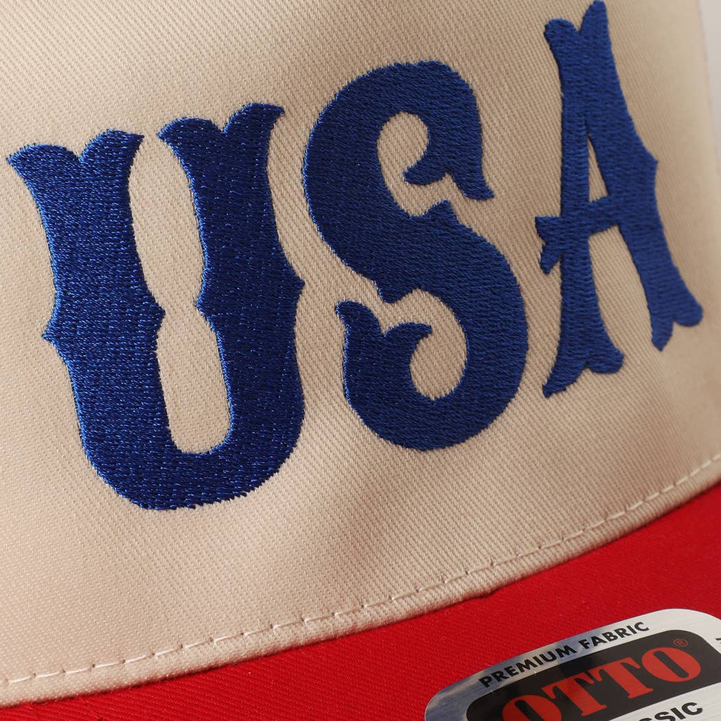 USA Typography Embroidery Two-Tone Trucker Hat : RED/NATL / One Size