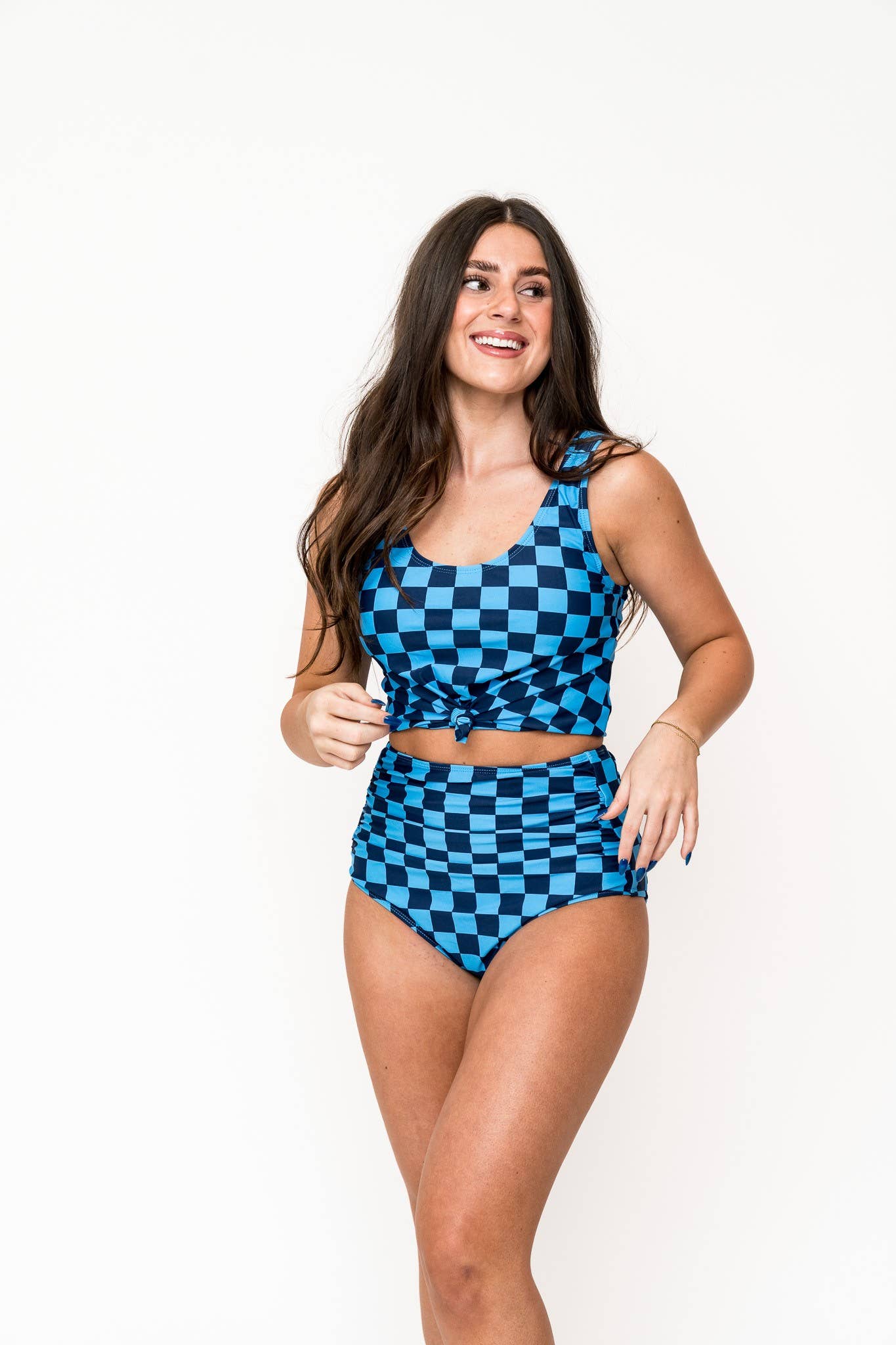 Blue Check Knotted Swim Top
