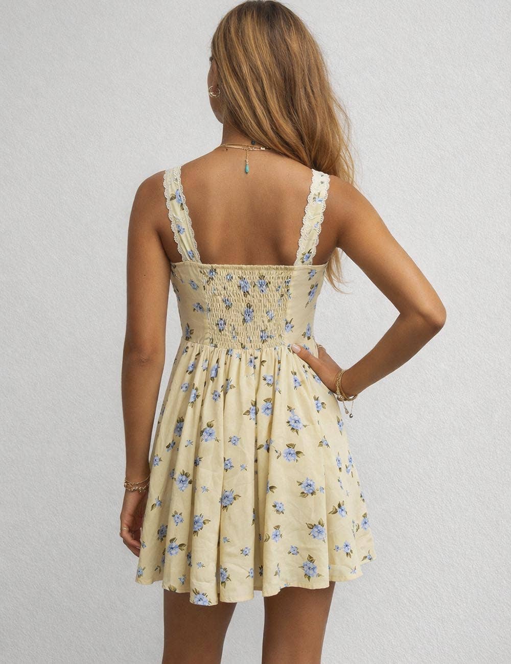 Ladies Boho Floral Square Neck Lace Trim Ruched Mini Dress: Light Yellow / L
