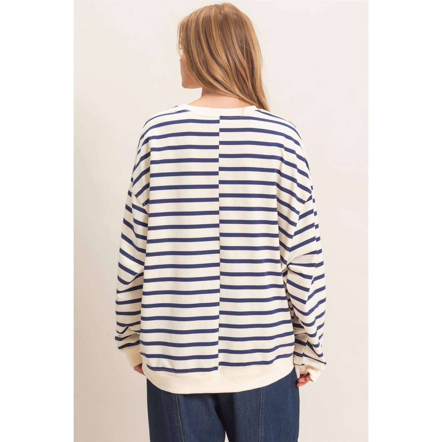 Striped Long Sleeve Pullover: GREEN/CREAM / S-M-L(2-2-2)