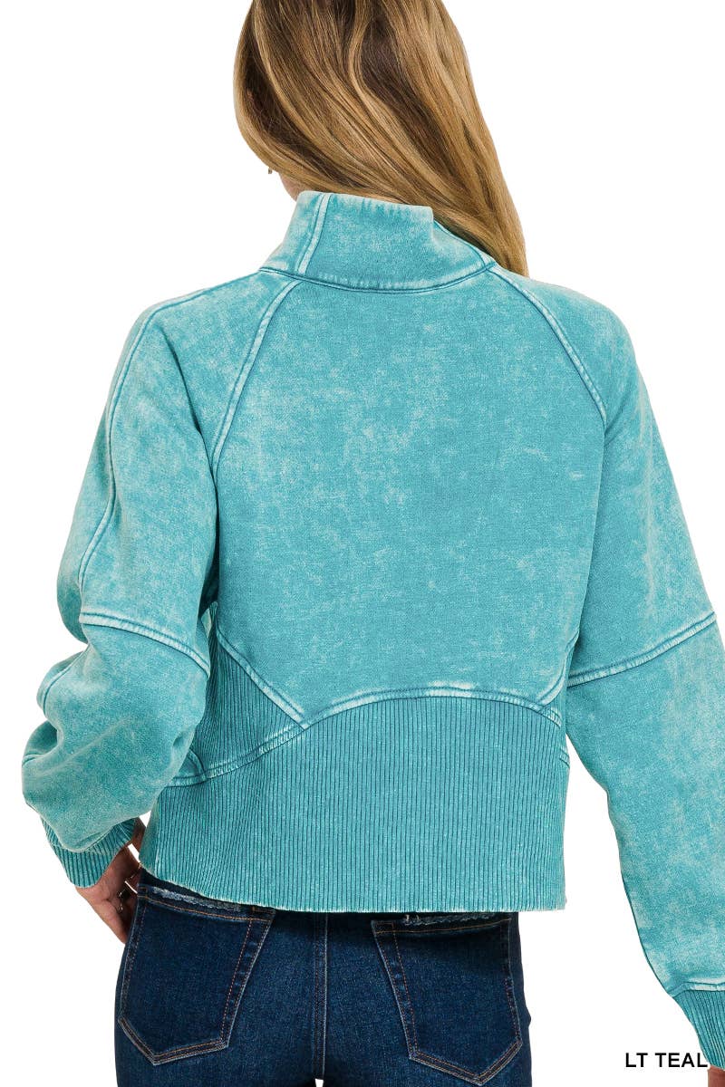 Acid Washed Half Zip Fleece Pullover Kangaroo Pocket: MAUVE / 2-2-2 (S-M-L)