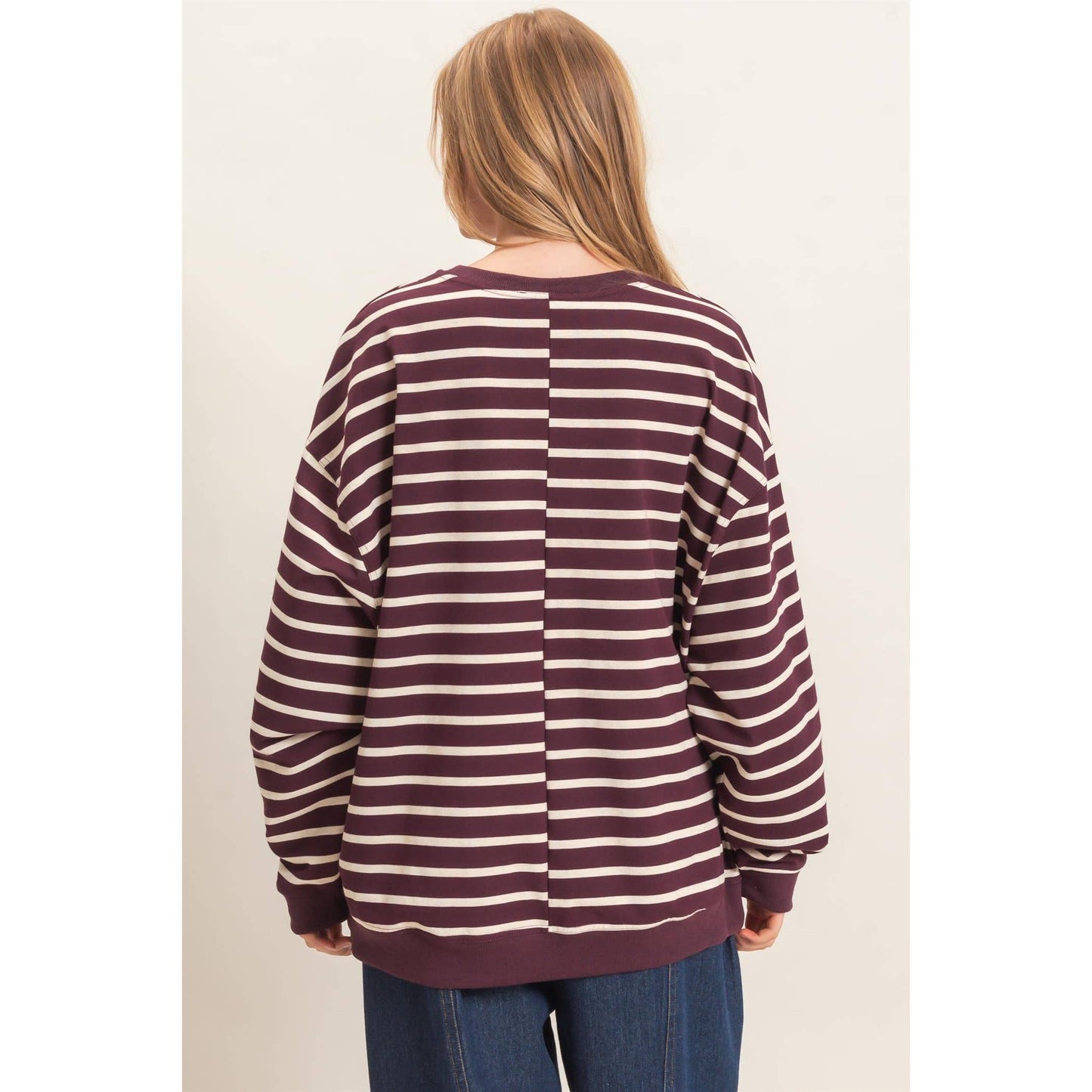Striped Long Sleeve Pullover: GREEN/CREAM / S-M-L(2-2-2)
