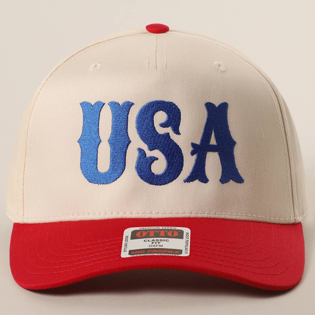 USA Typography Embroidery Two-Tone Trucker Hat : RED/NATL / One Size