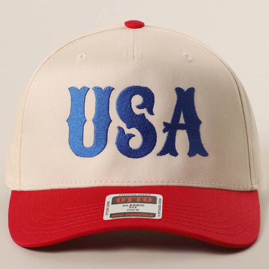 USA Typography Embroidery Two-Tone Trucker Hat : RED/NATL / One Size