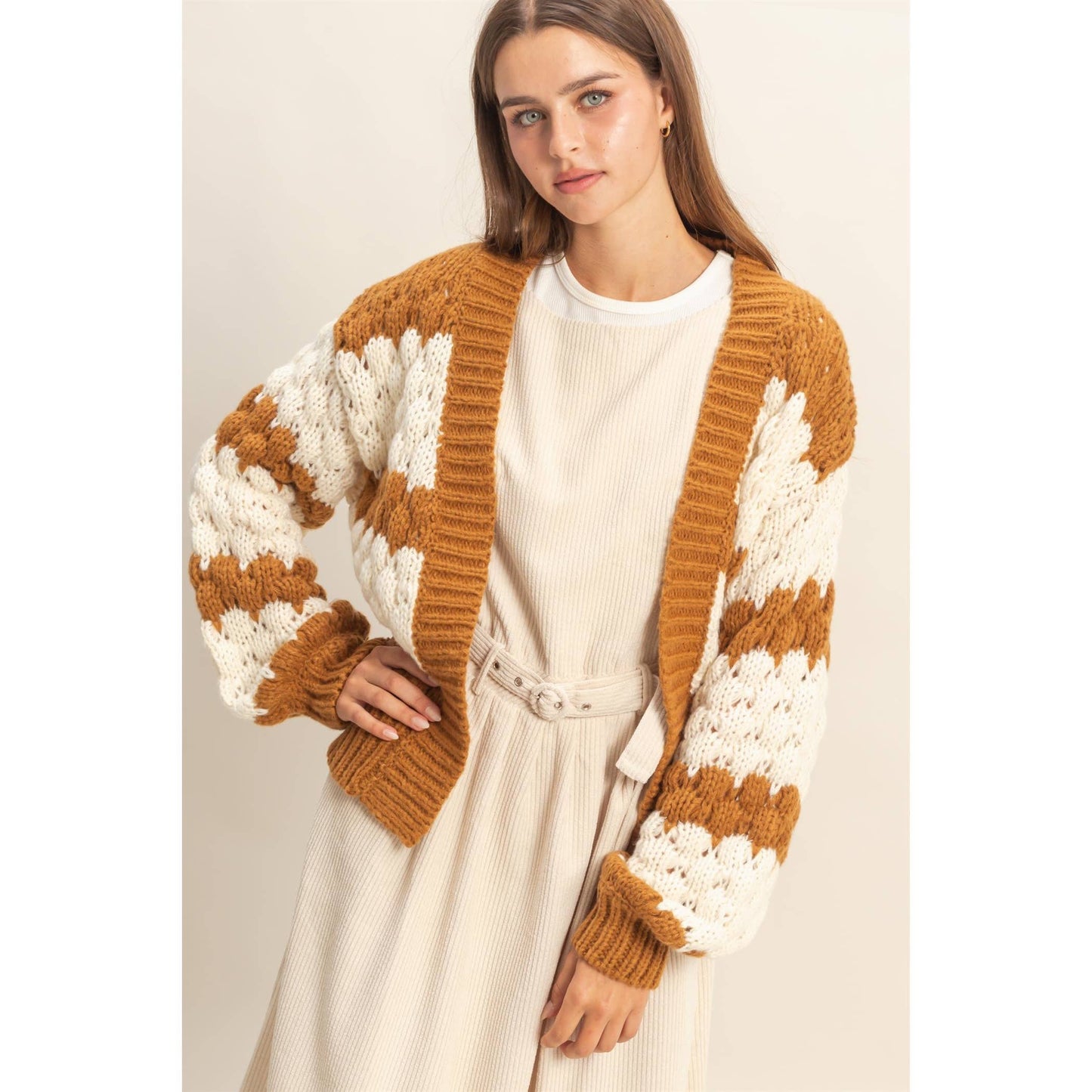Oversized Cloud Pattern Knit Cardigan: D.GREEN / S-M-L(2-2-2)
