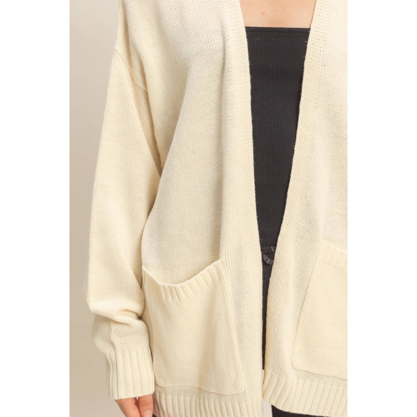Oversized Open-Front Cardigan Sweater With Pockets: RED / S-M-L(2-2-2)