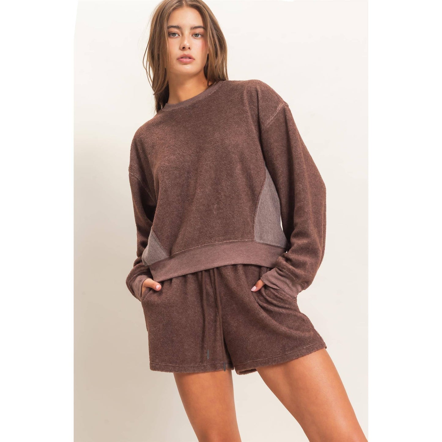 Contrast Sweatshirt & Shorts Set: DARK TEAL / S-M-L(2-2-2)