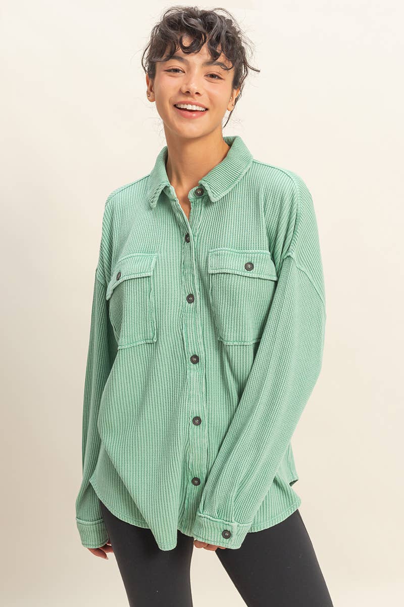 Oversized Mineral Washed Waffle Button Up Shacket: DEEP GREEN / S-M-L(2-2-2)