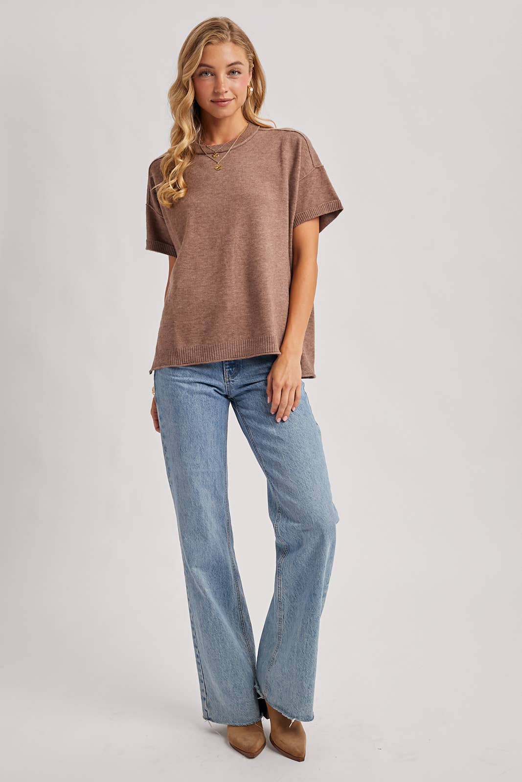 CREW NECK KNIT T-SHIRT: MOCHA