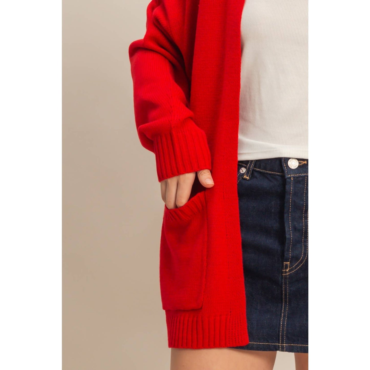 Oversized Open-Front Cardigan Sweater With Pockets: RED / S-M-L(2-2-2)