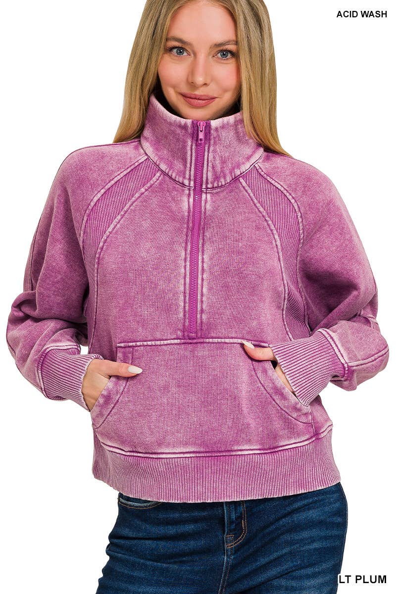 Acid Washed Half Zip Fleece Pullover Kangaroo Pocket: MAUVE / 2-2-2 (S-M-L)