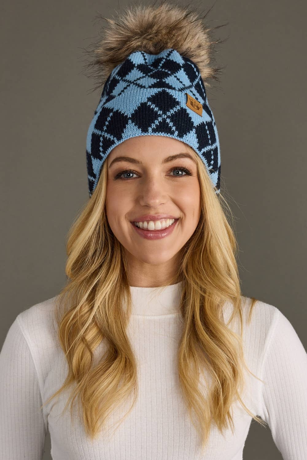 Blue & Navy Argyle Pattern Pom Hat