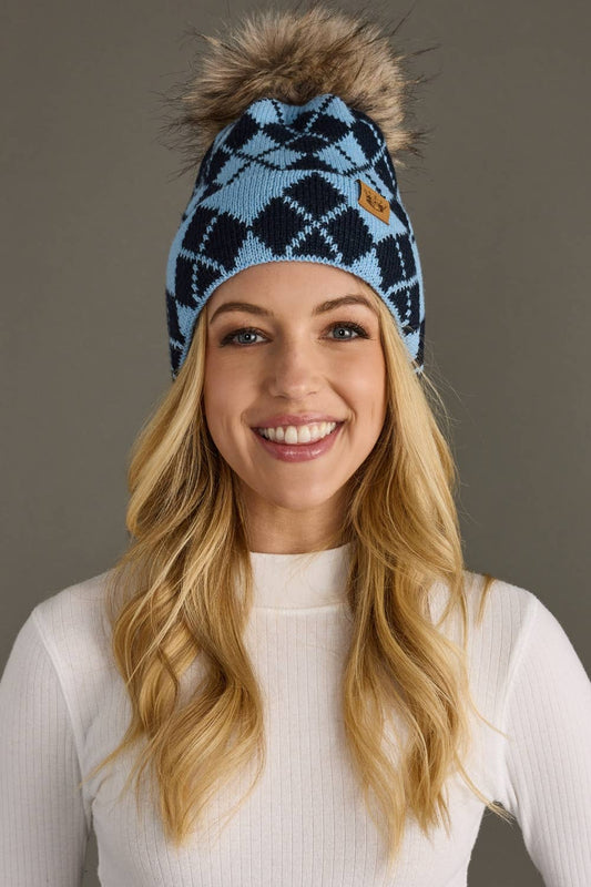 Blue & Navy Argyle Pattern Pom Hat