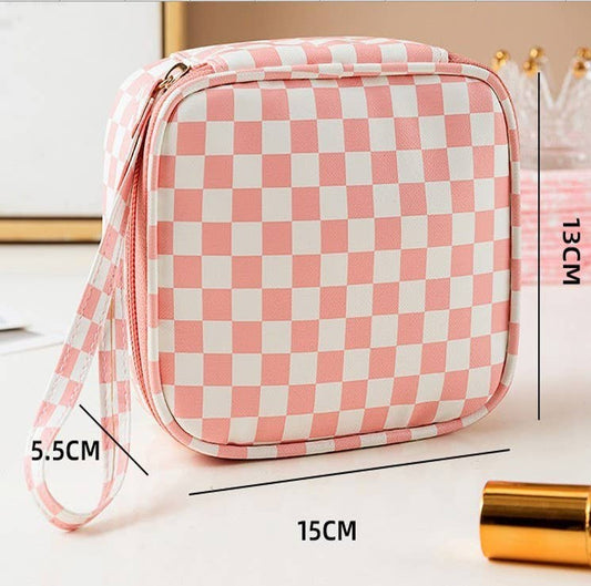 TRAVEL CHECKER MAKEUP COSMETIC POUCH BAG | Pink