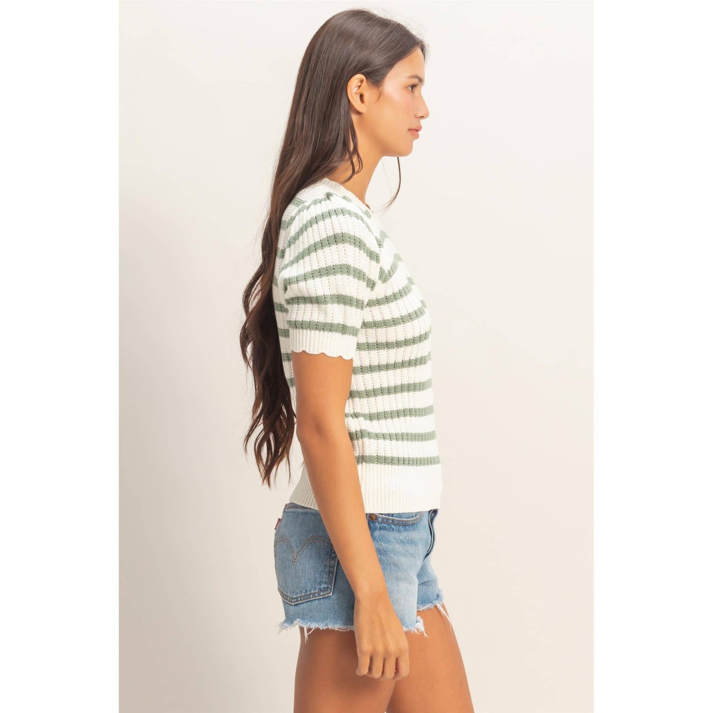 Striped Scallop Edge Puff Sleeve Knit Top: TAUPE / S-M-L(2-2-2)
