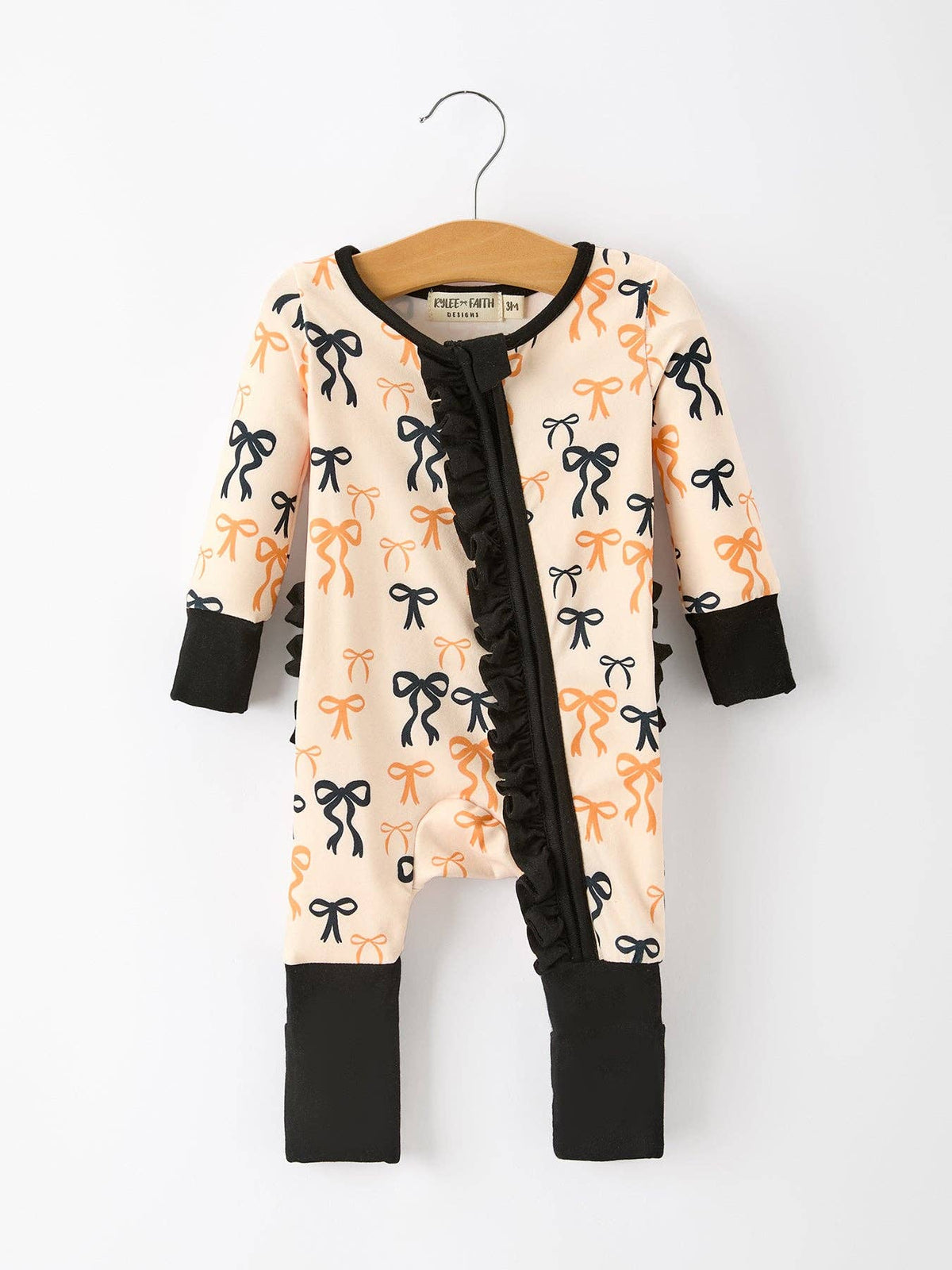 Halloween Bow Print Baby Girl Pajamas Ruffle Zipper Romper: 3M