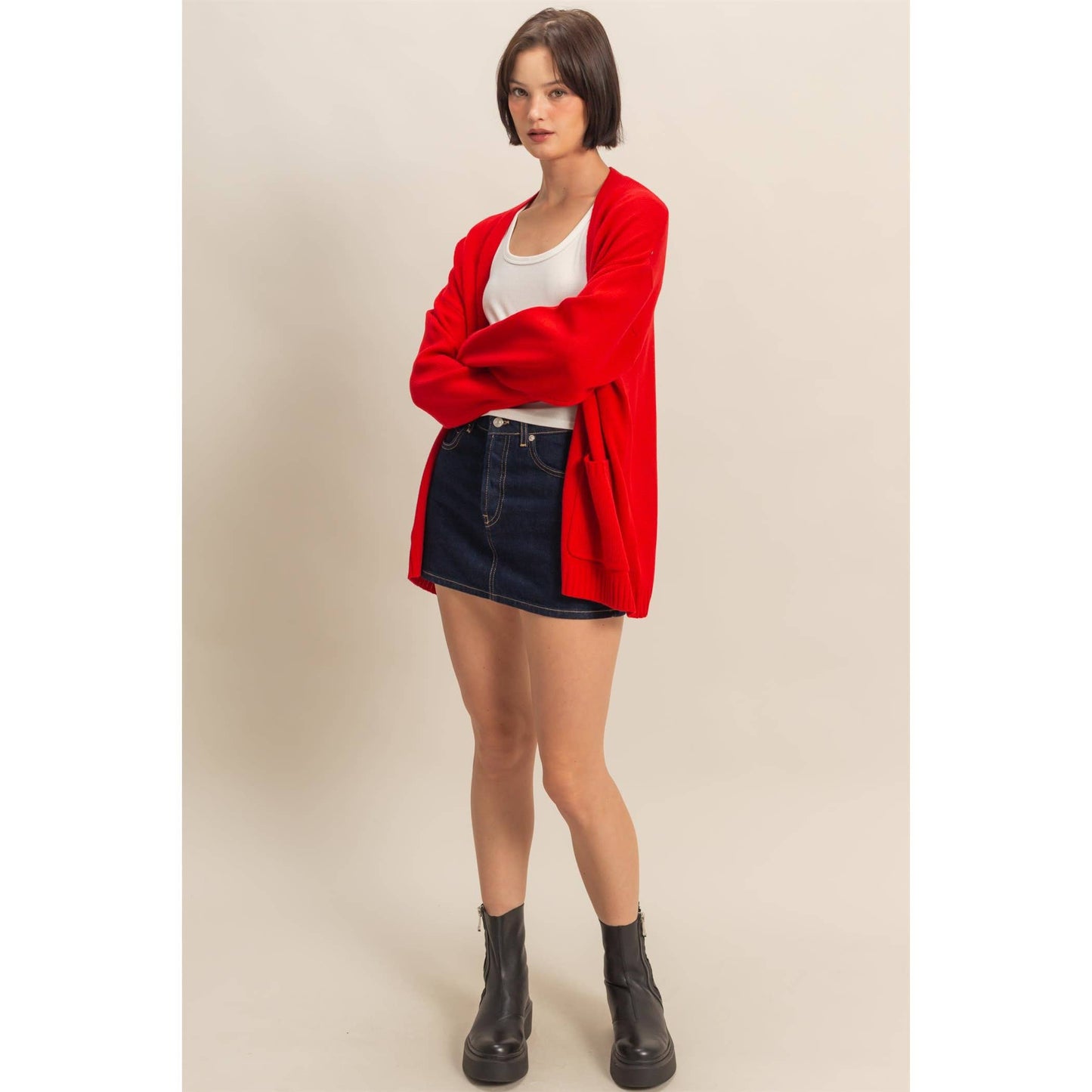 Oversized Open-Front Cardigan Sweater With Pockets: RED / S-M-L(2-2-2)
