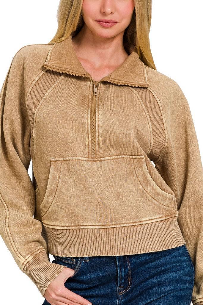 Acid Washed Half Zip Fleece Pullover Kangaroo Pocket: MAUVE / 2-2-2 (S-M-L)